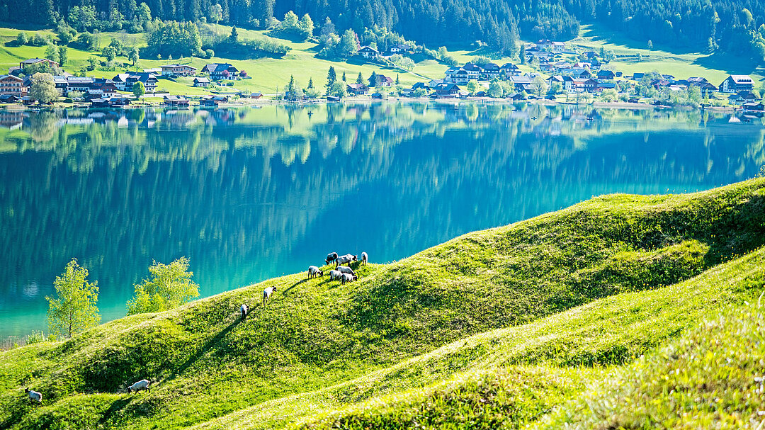 Blick über den Weissensee auf die umliegenden Berge an einem Sommertag Blick über den Weissensee auf die umliegenden Berge an einem Sommertag
